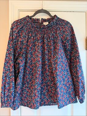 J. Crew Navy Blue Floral Smocked Neck Blouse